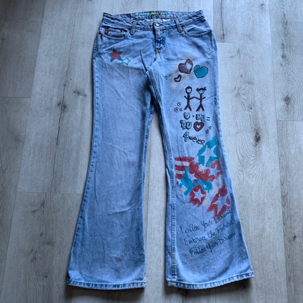 Vtg Mudd Y2K Sketch Print Low Rise Flare Jeans Wmns Sz‎ 11 Light Wash Doodle